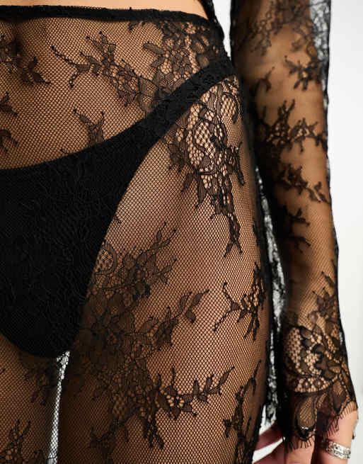 ASOS DESIGN decorative lace pencil midi skirt with scalloped edge co-ord in black, 3 of 4