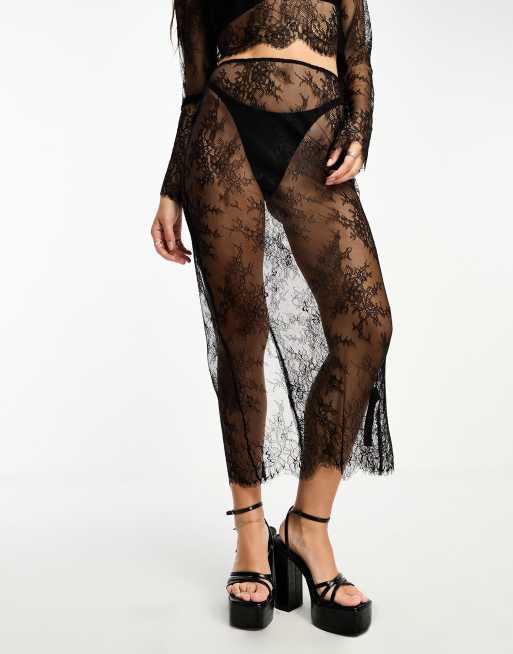 ASOS DESIGN decorative lace pencil midi skirt with scalloped edge in black (part of a set), 4 of 4