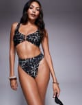 [ASOS DESIGN] ASOS DESIGN deep band ultra high leg high waist bikini bottoms in mono floral-Black 14 Black
