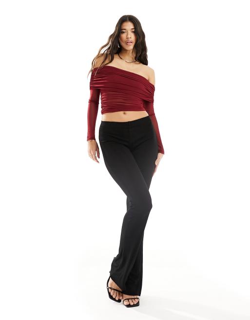 ASOS DESIGN deep bardot mesh long sleeve top in burgundy 