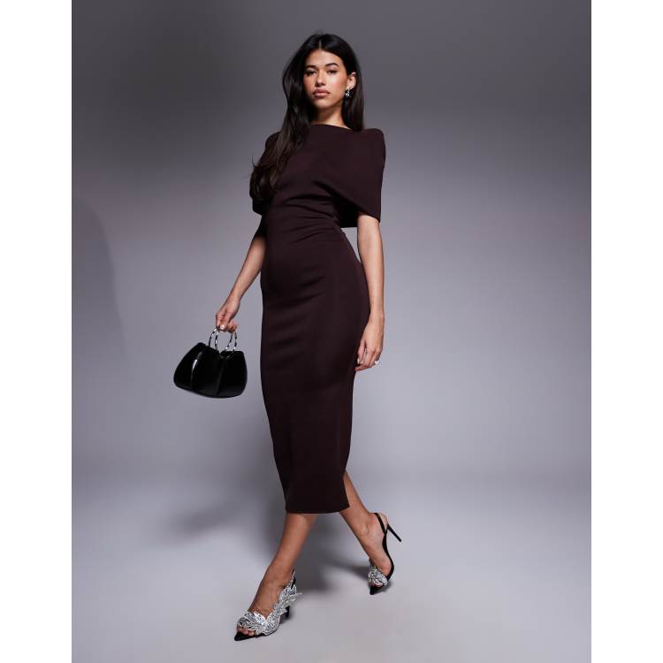 asos design fold back crop top midi prom dress ASOS DESIGN deep bardot midi dress with cape back detail in pink  scuba-style fabric