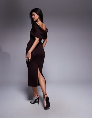 Asos Design Deep Bardot Midi Dress With Cape Back Detail In Animal Print