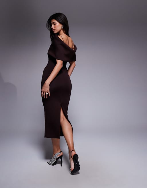 ASOS DESIGN deep bardot midi dress with cape back detail in chocolate in scuba-style fabric