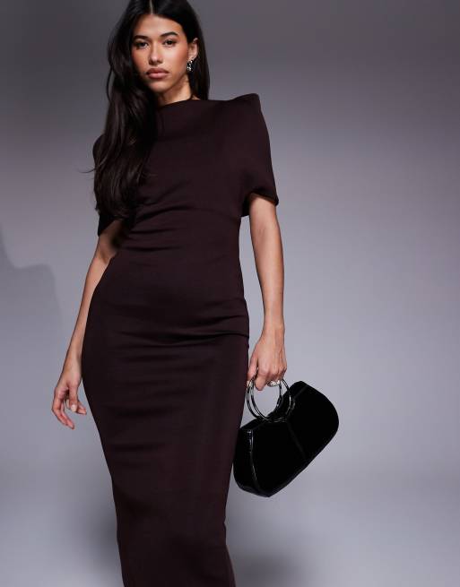 ASOS DESIGN deep bardot midi dress with cape back detail in chocolate in scuba-style fabric