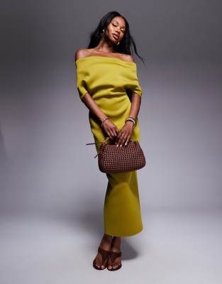 ASOS DESIGN deep bardot midi dress with cape back detail in green in scuba-style fabric