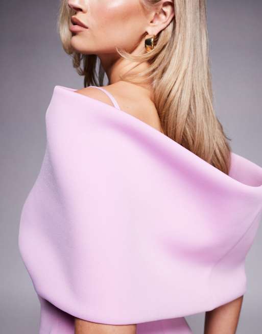ASOS DESIGN scuba deep bardot midi dress with cape back detail in lilac