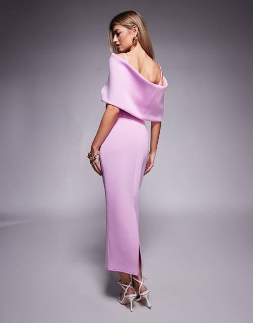 ASOS DESIGN scuba deep bardot midi dress with cape back detail in lilac