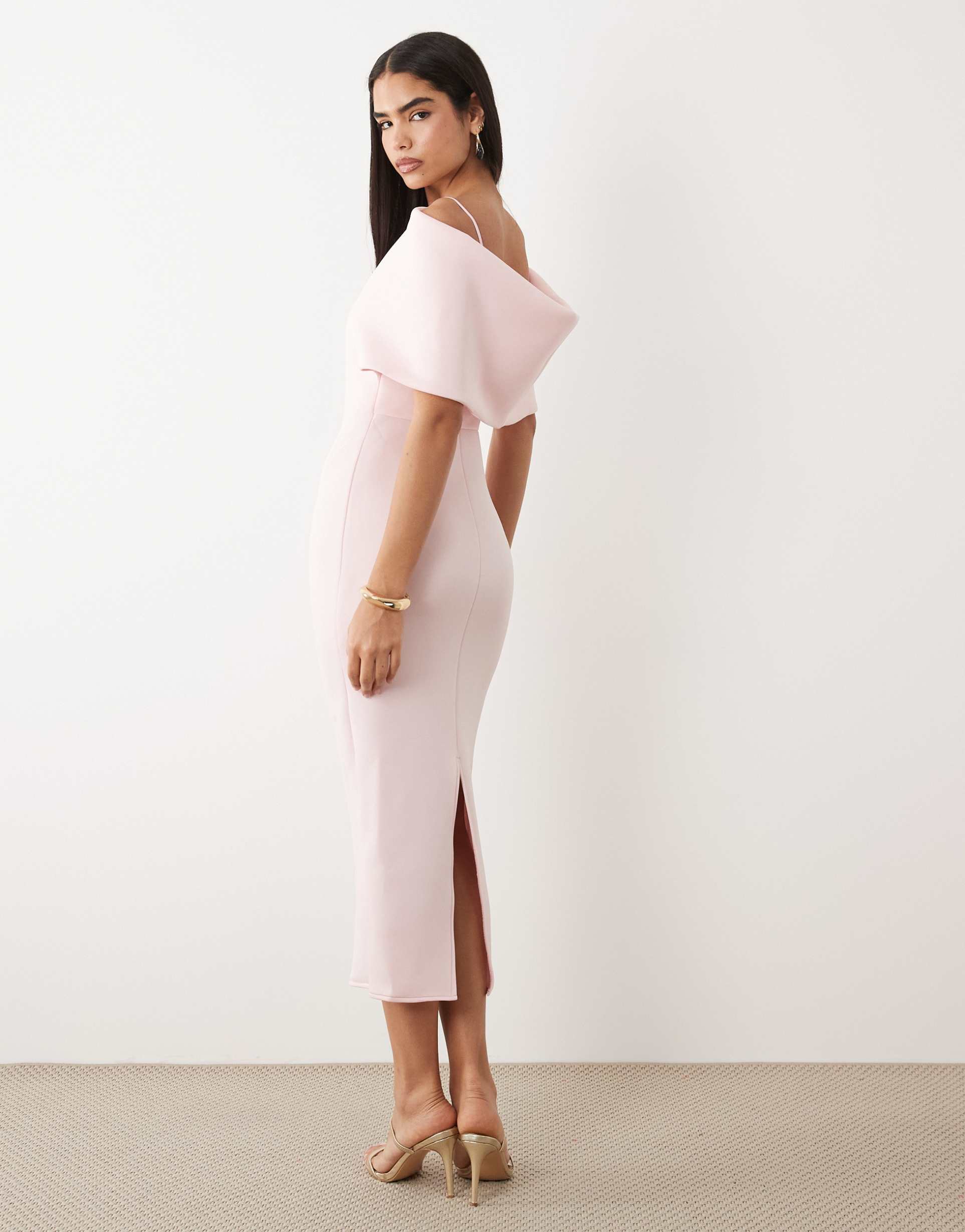 asos design deep bardot midi dress with cape back detail in pink scuba-style fabric