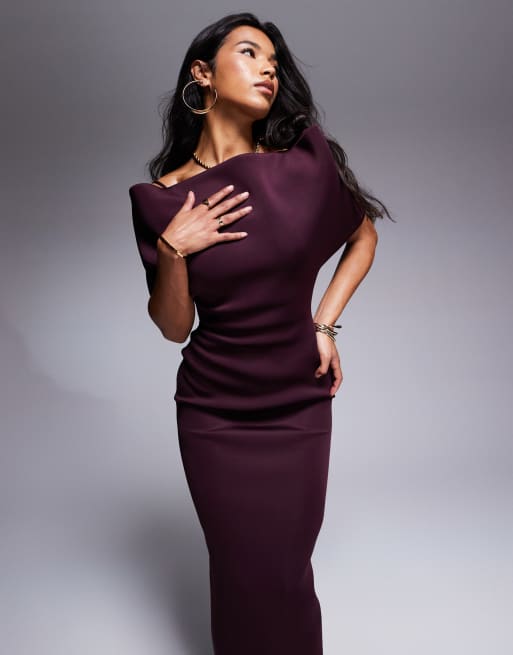 ASOS DESIGN  deep bardot midi dress with cape back detail in plum in scuba-style fabric, 2 of 4