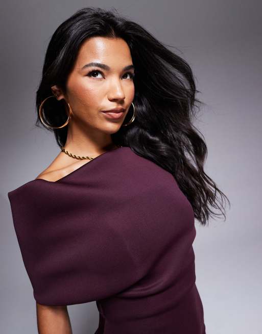 ASOS DESIGN  deep bardot midi dress with cape back detail in plum in scuba-style fabric, 3 of 4