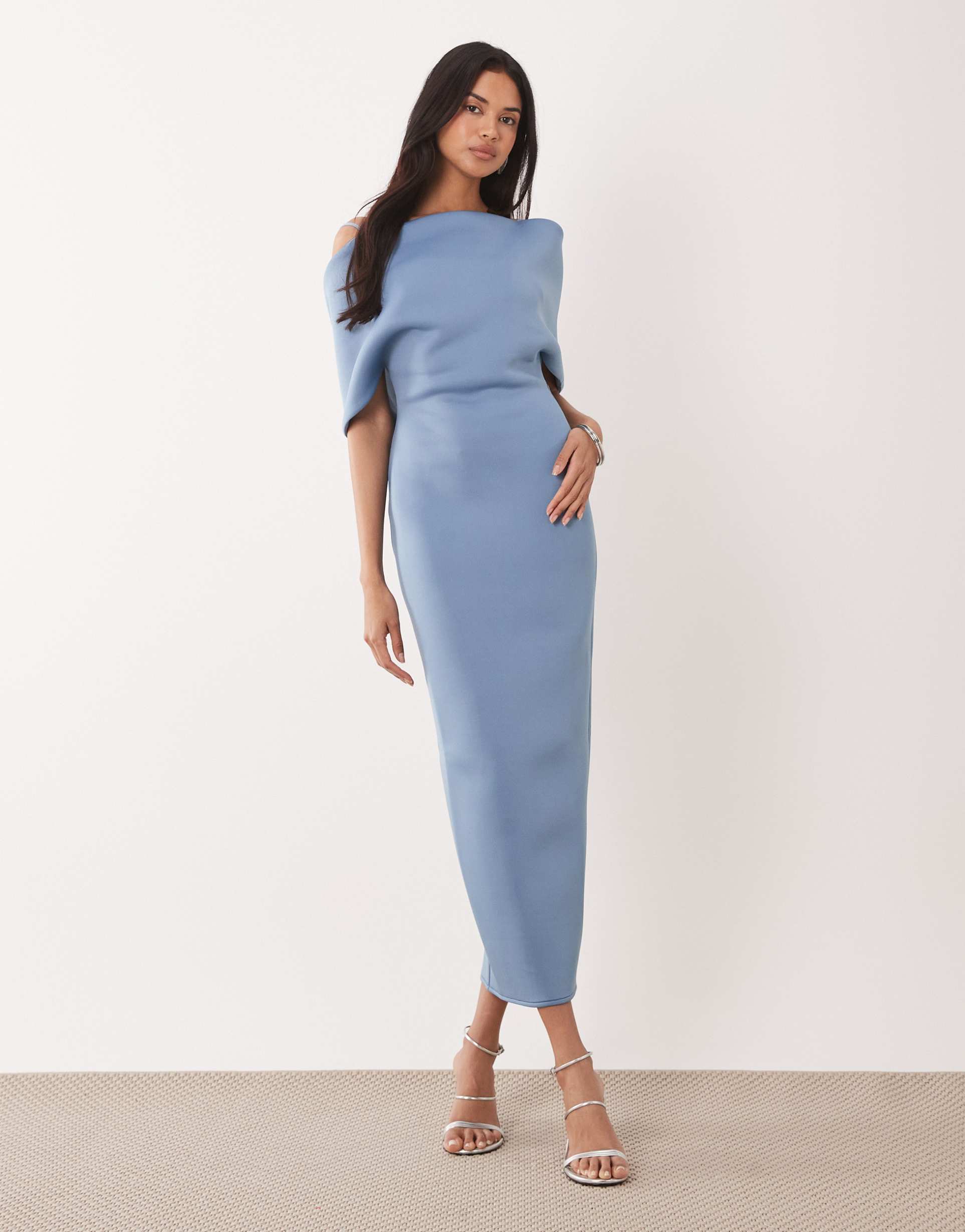 asos design deep bardot midi dress with cape back detail in slate blue scuba-style fabric