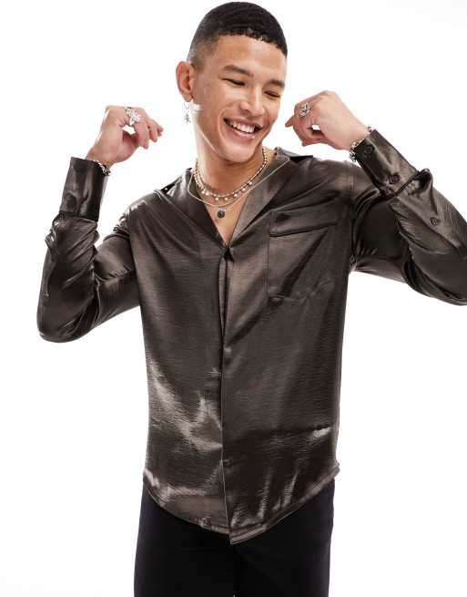 ASOS DESIGN deep camp collar hammered satin shirt with piping details in brown