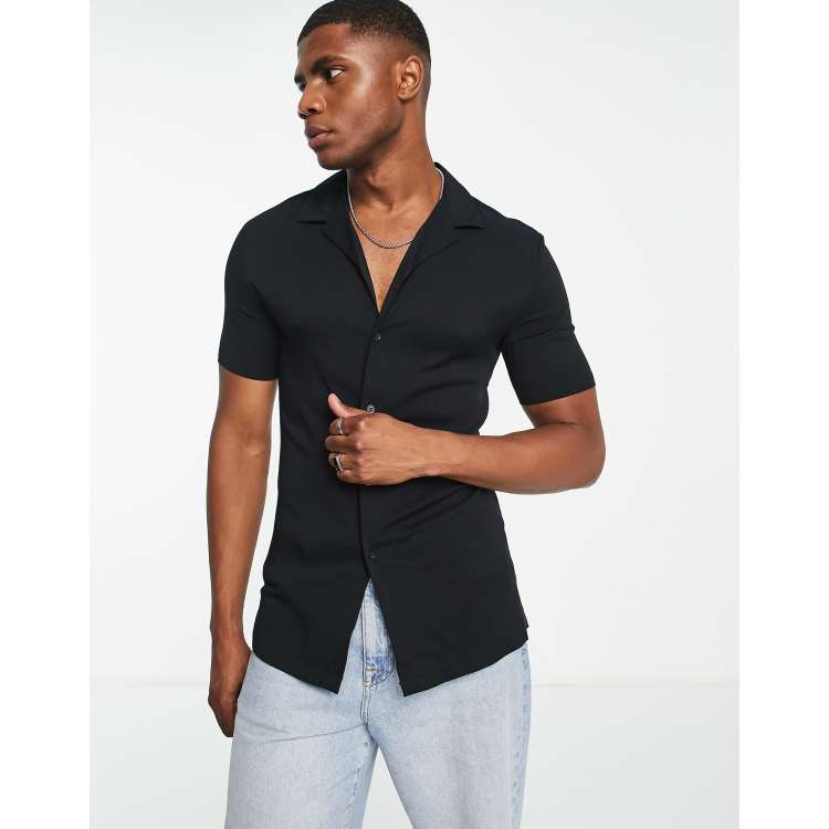 ASOS DESIGN deep camp collar muscle viscose shirt in black