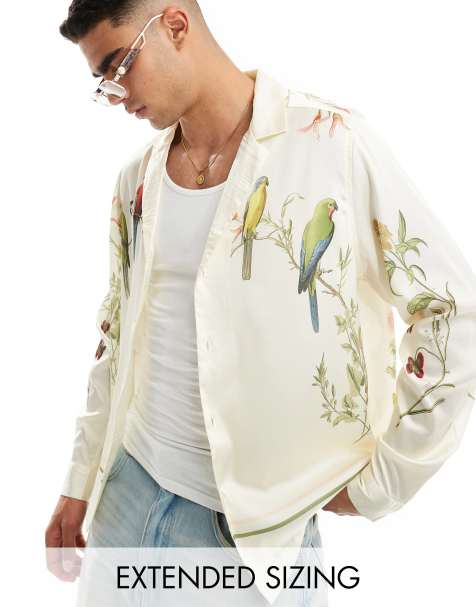 ASOS DESIGN deep camp collar shirt with placement bird print - view 1