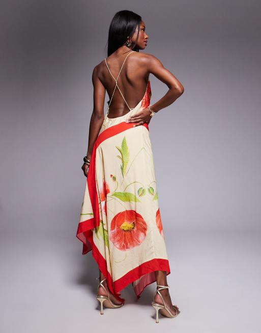 ASOS DESIGN deep cowl asymmetric open back maxi dress in scarf print