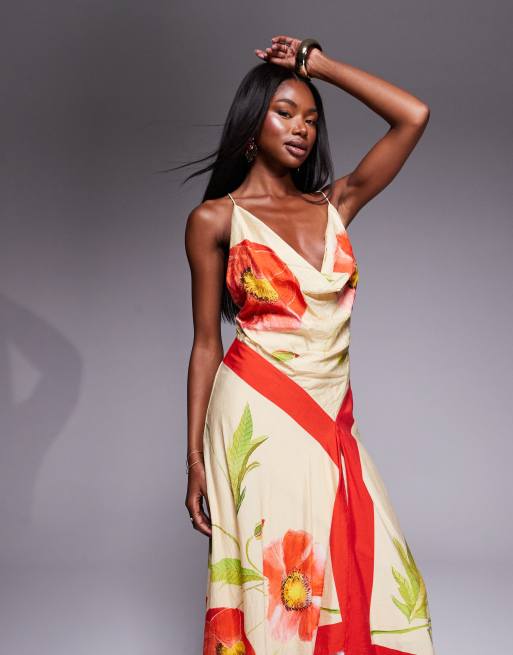 ASOS DESIGN deep cowl asymmetric open back maxi dress in scarf print