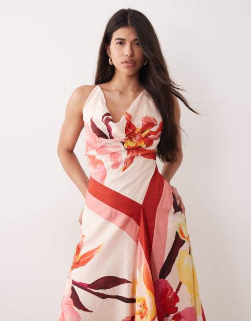 ASOS DESIGN deep cowl asymmetric open back maxi dress in scarf print, 2 of 4