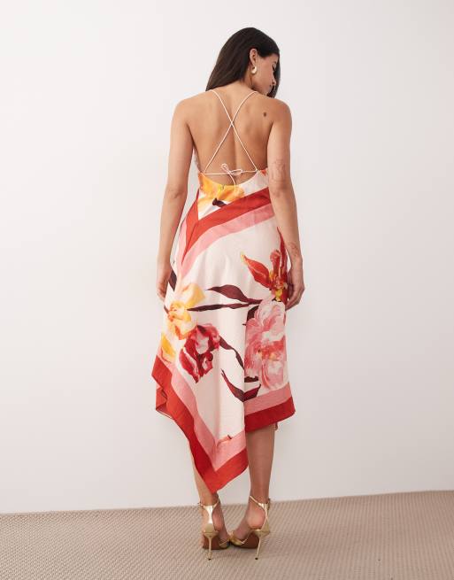 ASOS DESIGN deep cowl asymmetric open back maxi dress in scarf print, 4 of 4