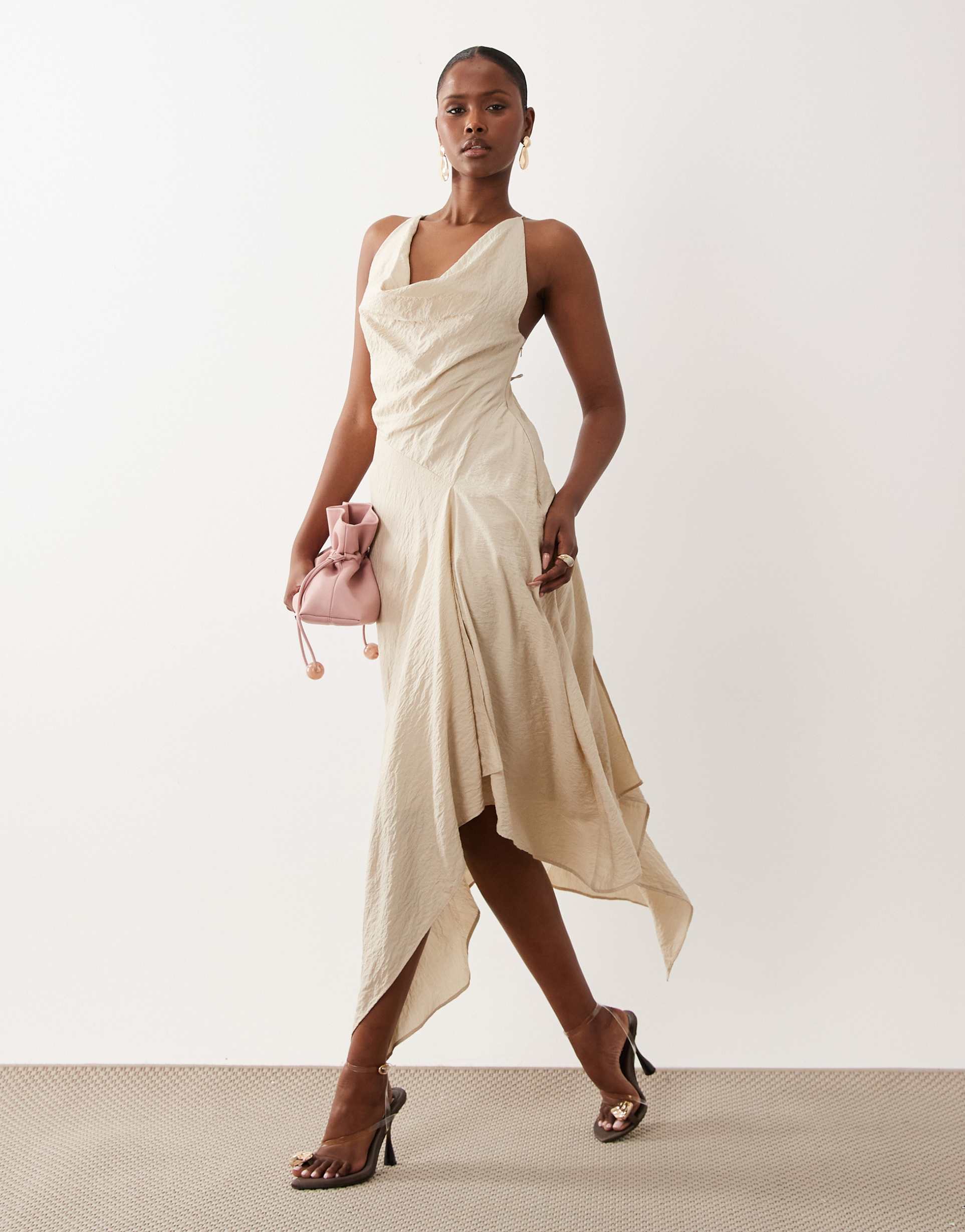 asos design deep cowl asymmetric open back maxi dress in stone