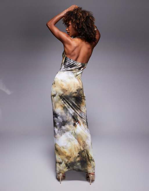 ASOS DESIGN deep cowl neck maxi dress with gold trim detail in tonal marble print