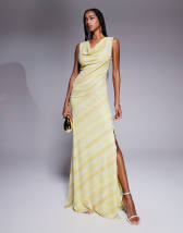 ASOS DESIGN mesh twist front waist midi dress in yellow and orange ombre