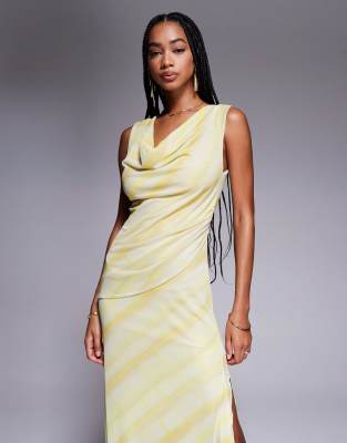 Asos Design Deep Cowl Neck Mesh Maxi Dress With Twisted Strap In Yellow