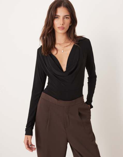 ASOS DESIGN deep cowl neck slinky bodysuit in black - view 1