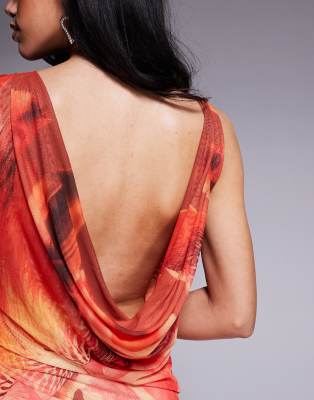 ASOS DESIGN - Robe longue en tulle à imprimé avec col bénitier profond et bretelles torsadées - Orange