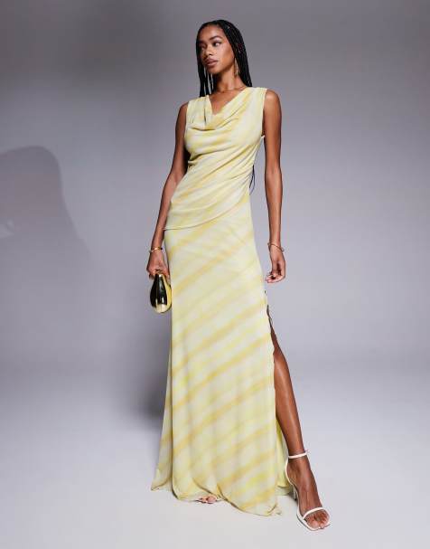 ASOS DESIGN deep cowl with twisted strap mesh maxi dress in striped print - view 1