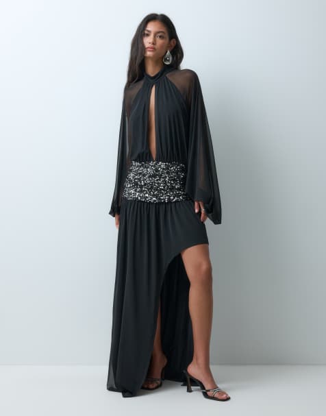 ASOS DESIGN deep keyhole mesh blouson aysmmetric maxi dress with sequin band in black - view 1