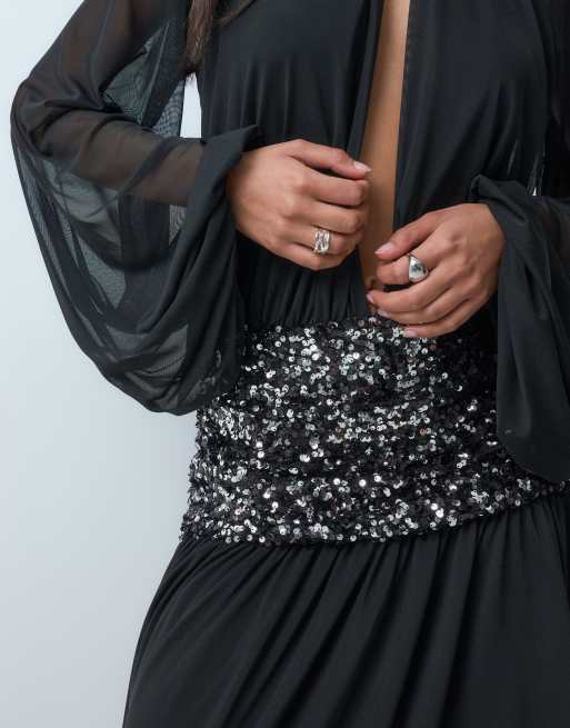 ASOS DESIGN deep keyhole mesh blouson aysmmetric maxi dress with sequin band in black, 3 of 5