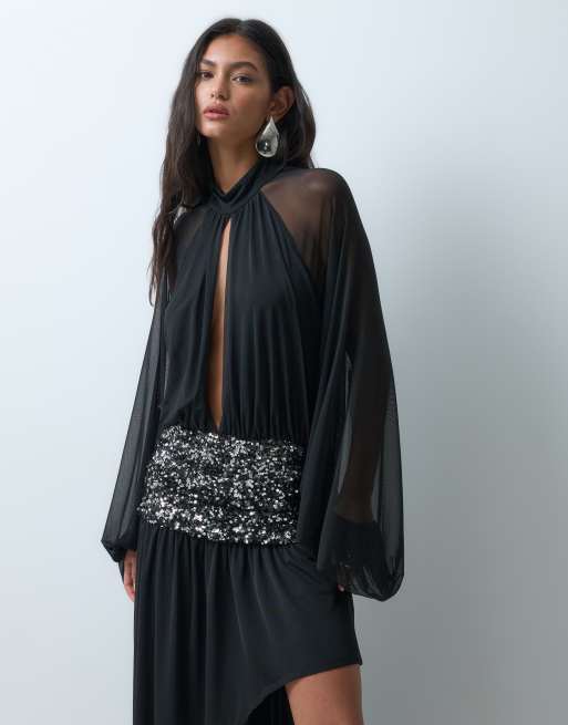 ASOS DESIGN deep keyhole mesh blouson aysmmetric maxi dress with sequin band in black, 5 of 5