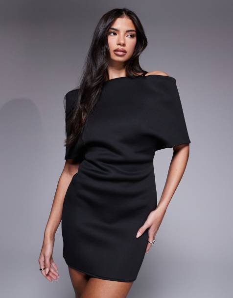 ASOS DESIGN deep off the shoulder mini dress with cape back detail in black scuba-style fabric - view 1
