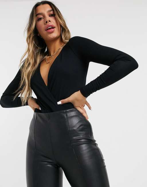 ASOS DESIGN deep plunge bodysuit in black