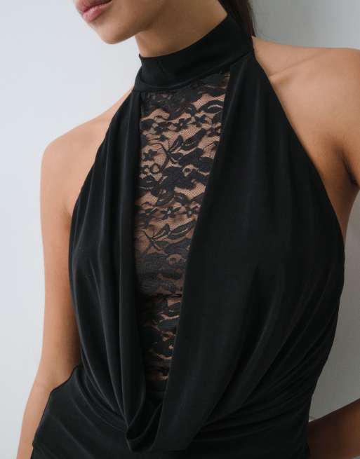 ASOS DESIGN deep plunge cowl neck halter top with lace panel in black, 2 of 5