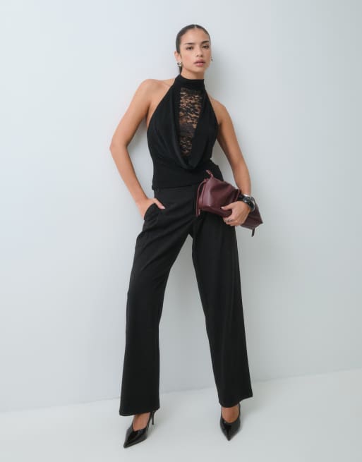 ASOS DESIGN deep plunge cowl neck halter top with lace panel in black, 3 of 5