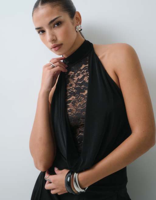 ASOS DESIGN deep plunge cowl neck halter top with lace panel in black, 4 of 5