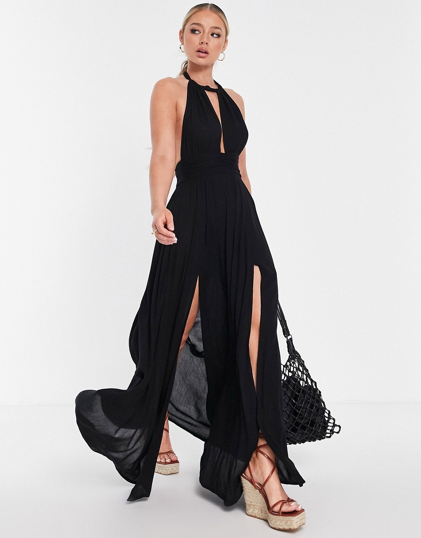 ASOS DESIGN deep plunge crinkle maxi beach dress in black