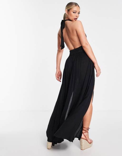 ASOS Deep Plunge Maxi Dress With Front Split in Black