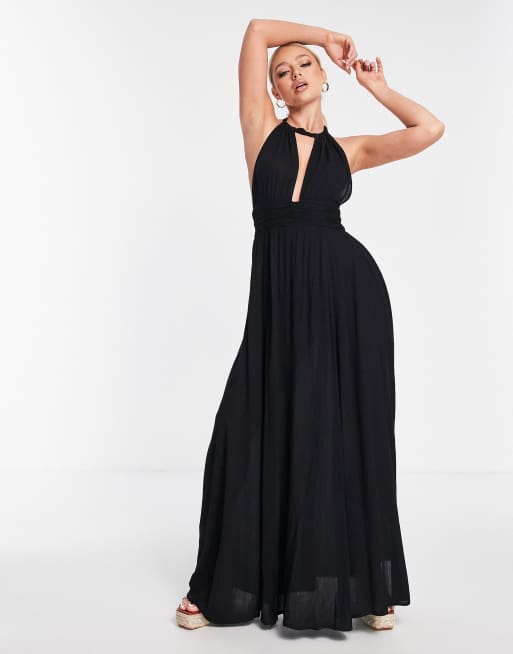 Plunge Dresses, Inc Black, Maxi, Deep & Long Sleeve