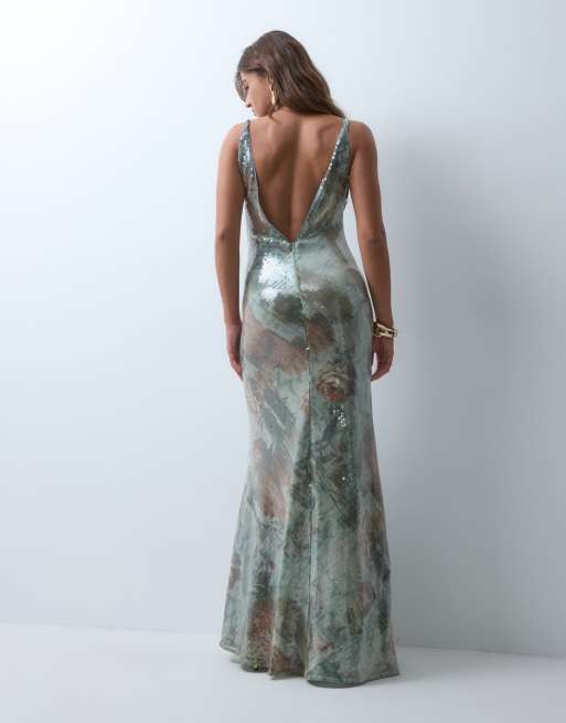 ASOS DESIGN deep plunge fishtail maxi dress in sequin print, 2 of 4