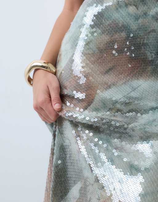 ASOS DESIGN deep plunge fishtail maxi dress in sequin print, 3 of 4