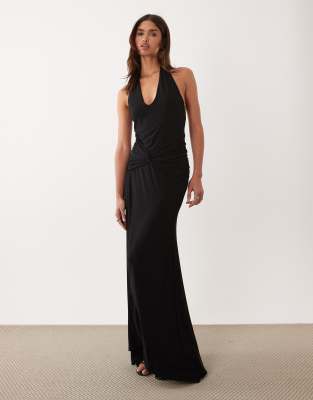 Asos Design Deep Plunge Halter Neck Maxi Dress With Ruched Hips In Black