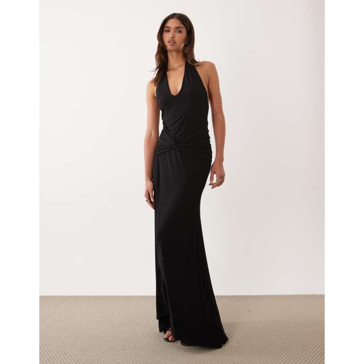 chinese dress ladies Asos Edition Satin Ruched Halter Neck Maxi Dress In Burgundy main image 0