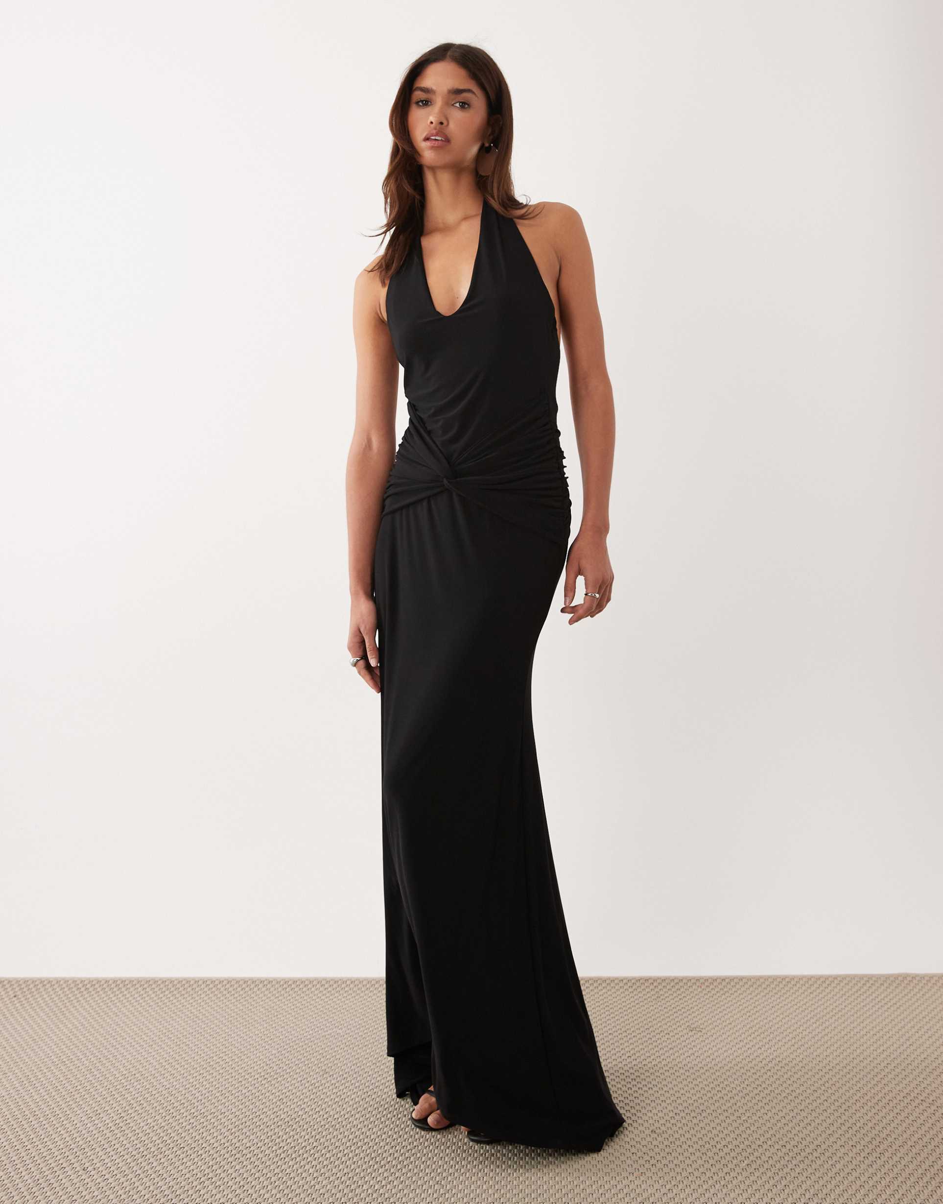 asos design deep plunge halter neck maxi dress with ruched hips in black