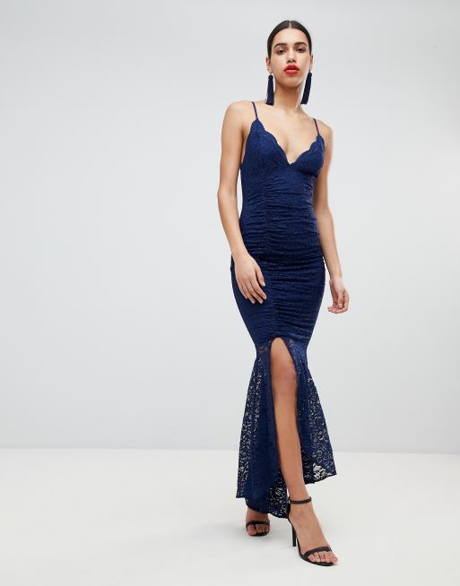 ASOS DESIGN deep plunge lace bodycon maxi dress with fishtail