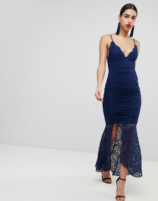 ASOS DESIGN deep plunge lace bodycon maxi dress with fishtail