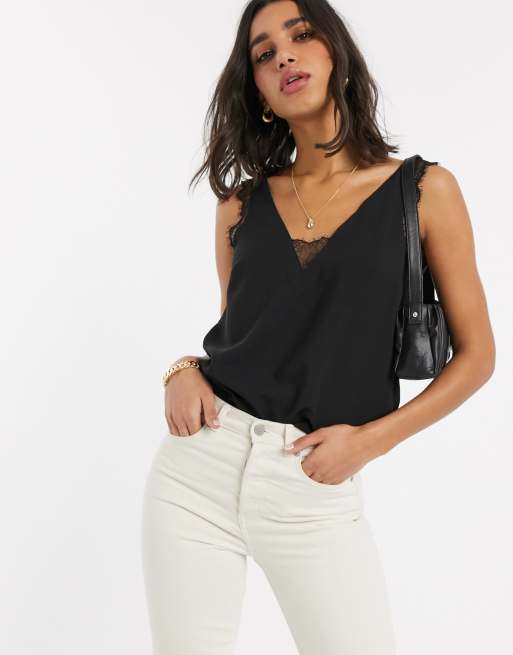 ASOS DESIGN deep plunge lace insert camisole tank in black | ASOS