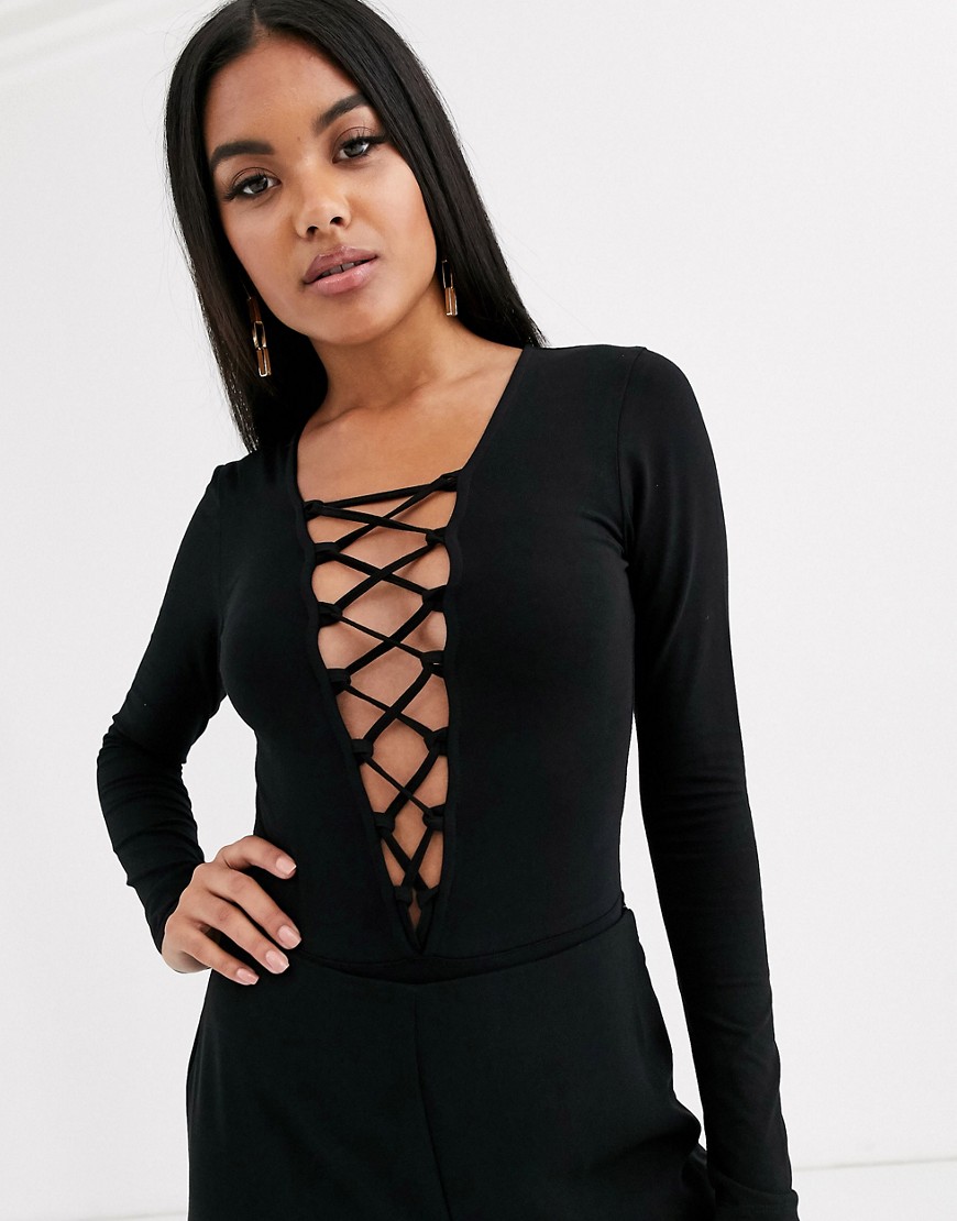 ASOS DESIGN deep plunge lace up body in black