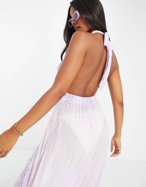 ASOS DESIGN deep plunge maxi beach dress in lilac tie dye | ASOS
